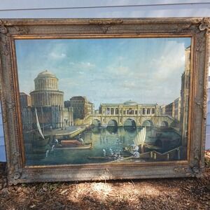 Large Antique 18th Century Rialto Bridge Venice Canal Oil Painting Framed flaws